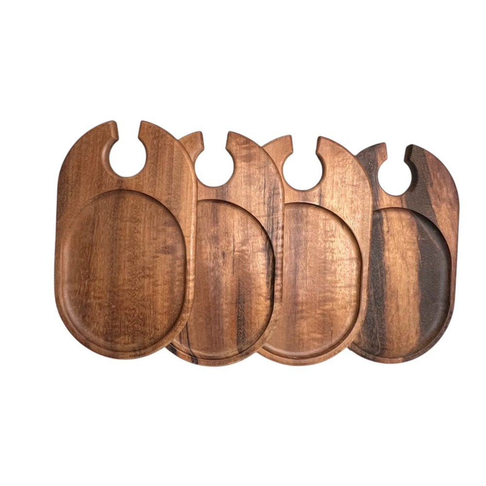 Unbranded Wooden Wine Glass Appetizer Trays Brown Handcrafted Set of 4 - OS